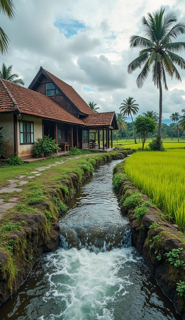 A house in rural Jawabarat indonesia,nuances of the village,roof tile,Fish pond in front of the house,water flows violently through the sewer channel into the pond,  Trails , there is a coconut tree ,((yellow green rice field))4k image ,iPhone camera,