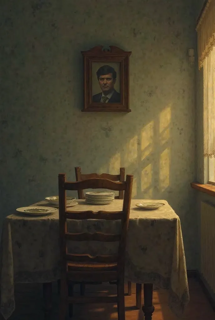 "Empty chair at a dining table lit by golden light, with intact plates and a stopped clock in the background. Melancholic tones (grey and yellow), with a faded photo of the absent person on the wall."