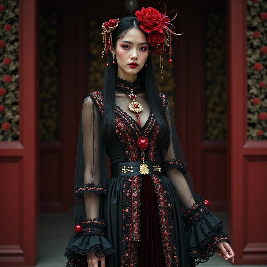 A striking Gothic-Chinese fusion fashion portrait featuring a mysterious woman in a multi-layered black silk and velvet dress with bold red and gold accents. The outfit includes:  
- A fitted inner layer emphasizing her silhouette, paired with a sheer blac...