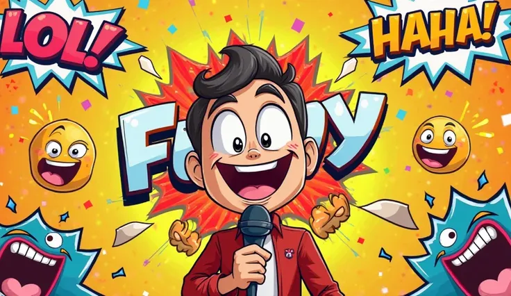 "A vibrant and playful YouTube banner featuring a bright, colorful background with cartoon-style elements like laughing emojis, comedy masks, and a funny explosion effect. A cheerful character with a big smile and crazy expressions is in the center, holdin...