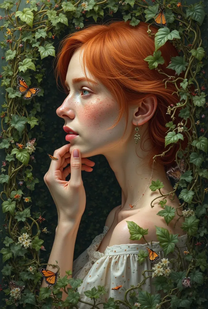 Realistic photograph of a woman's face in profile, red hair freckles with hand under the face, surrounded by ivy and animals