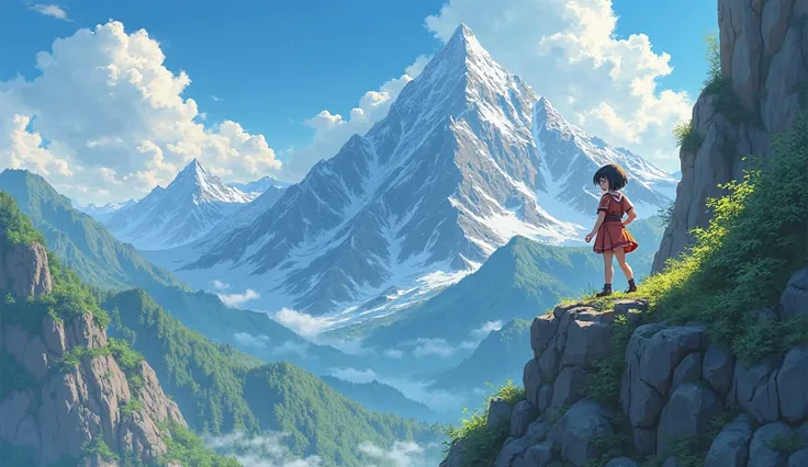 in the background of the anime, a girl climbs to the top of the mountain and there is an inscription for a cent "CLIMBING ON THE TOP"