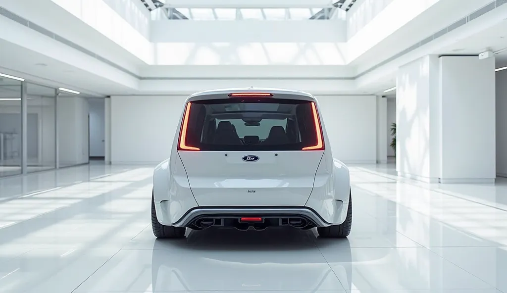 A captivating image of a (  Ford supervan 4 2) taking center stage in a luxurious white showroom. The futuristic, vibrant (white)exterior gleams, showcasing its sleek, aerodynamic design and bold accents  back view highlights the cutting-edge innovation an...