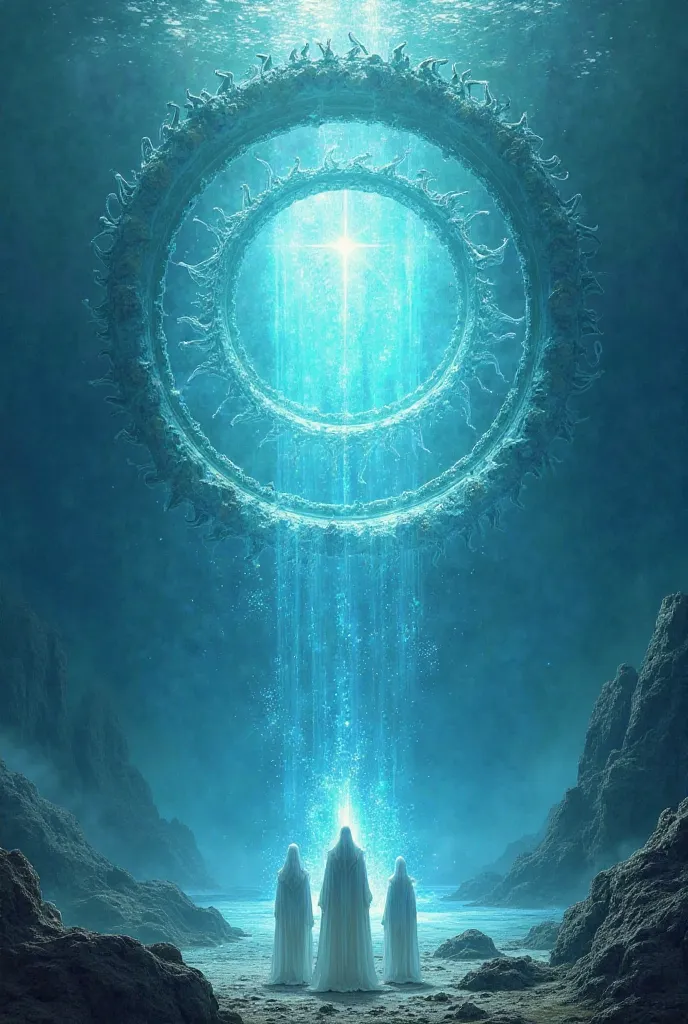 A large magical portal below the ocean travels between worlds and in front of the gate are Sirian guards