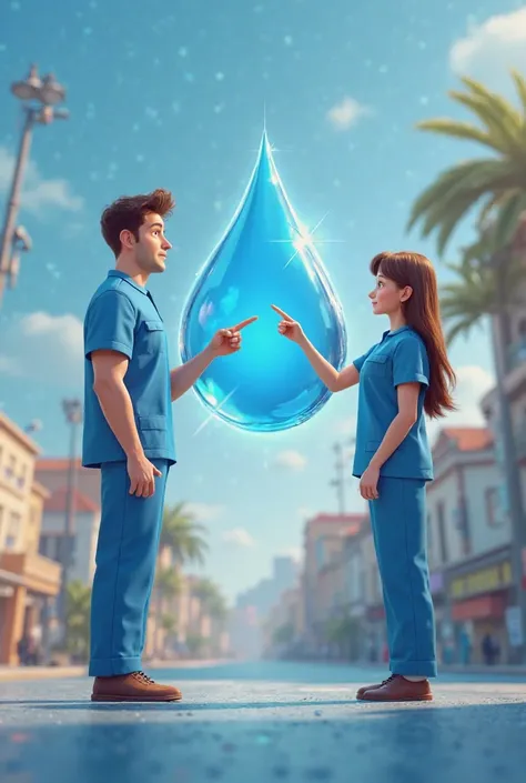 Pixar-inspired 3D poster capturing a scene with a 30-year-old white man with brown hair and a blue uniform, And a 30-year-old brown-haired woman with dark brown hair wearing a blue uniform, The couple pointing to a logo shaped like a drop of water