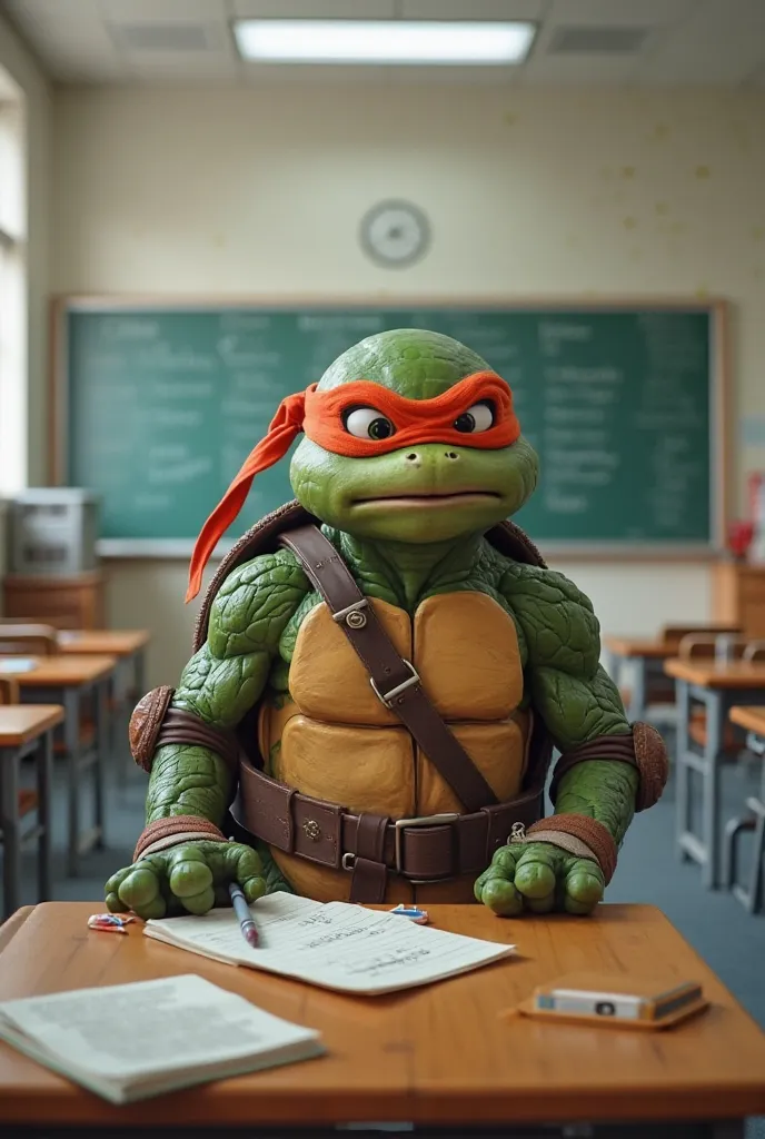 Ninja turtle getting a bad grade in a clean classroom