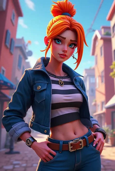 Tu peux créé un skin de fille Fortnite avec les cheveux orange avec un chignon et un t shirt rayer noir et blanc avec une gilet en jean bleu foncer 