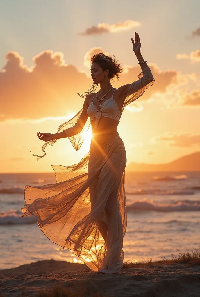 dancing,  8K Ultra HD, Uma bela double exposure que combina uma silhueta de deusa com a costa ao pôr do sol, the coast at sunset should serve as a backdrop, with her details incorporated into the goddess,  sharp lines, The background is monochrome, sharp f...