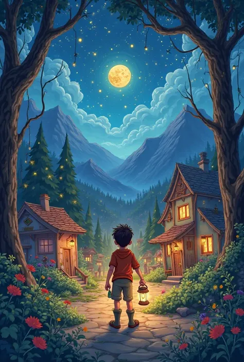 
1. Leo in the Village
Prompt:
"A small, colorful village surrounded by tall mountains and dense forests, with a brave  named Leo standing in the center. The village is vibrant and lively, with cheerful houses and a bright blue sky. Leo looks curious but s...