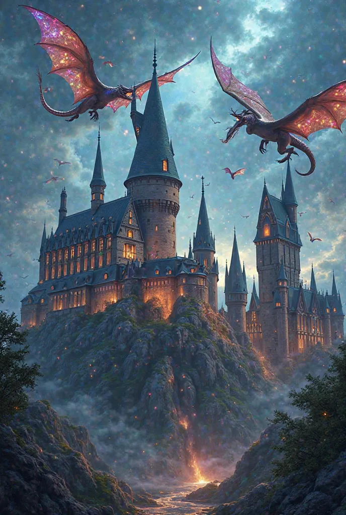 Make a fantasy cover that features an Academy like Hoghwarts, that reflects magic and that wears dragons and gems 