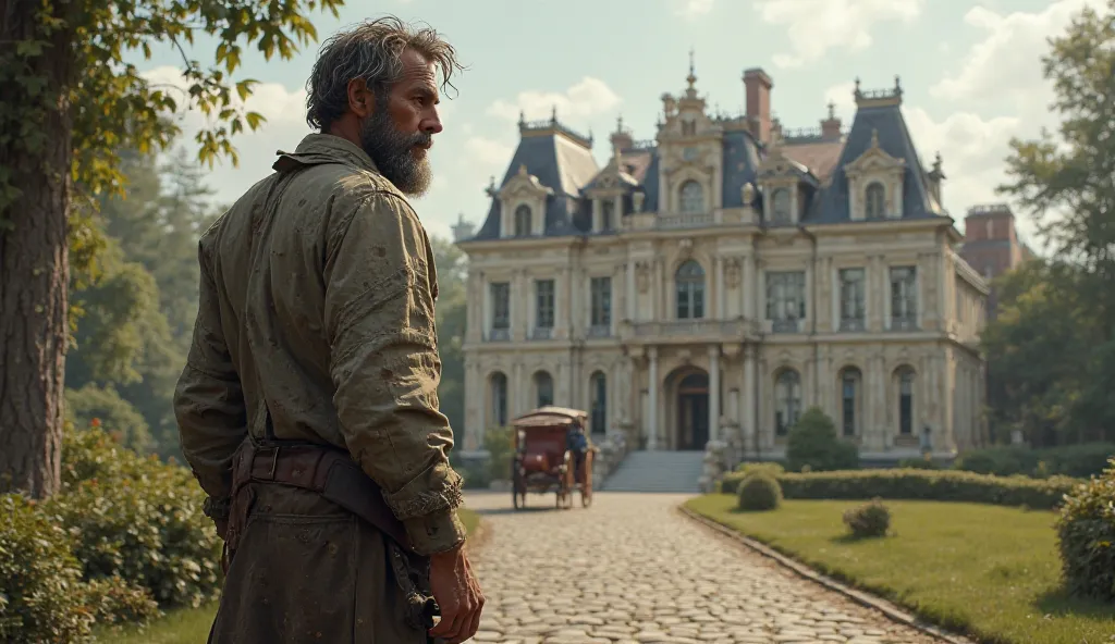 An image of a poor man dressed in old clothes, standing in front of a luxurious mansion, gazing at it with envy and ambition, while a fancy carriage passes by.
