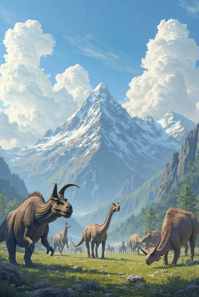 A herd of dinosaurs grazes on a plain with mountains in the background, white clouds