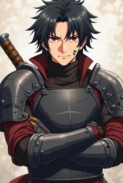 musket wearer,black hair,hair like Naruto's kabuto,stylish armor ,reinforced armor with good materials,anime character,forward position with arms crossed showing strength ,physically well-conditioned character,thick eyebrows,well-worked face,good-looking c...