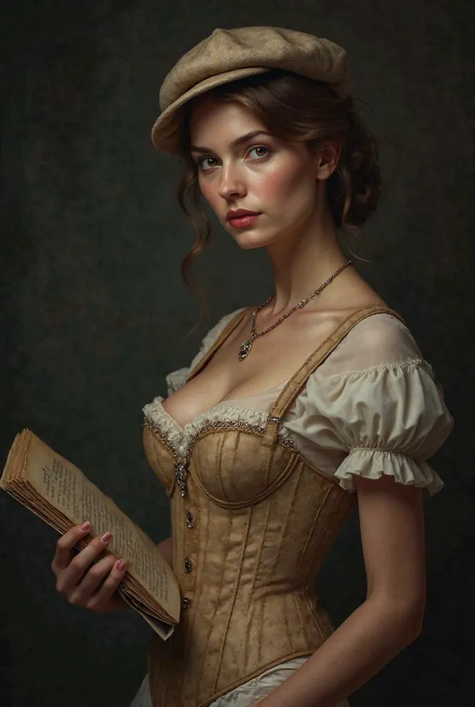 Un portrait sur un fond fine Art foncé, A realistic woman, dressed with a vintage beige corset, elle porte un béret et elle tient dans sa main, un magazine vintage