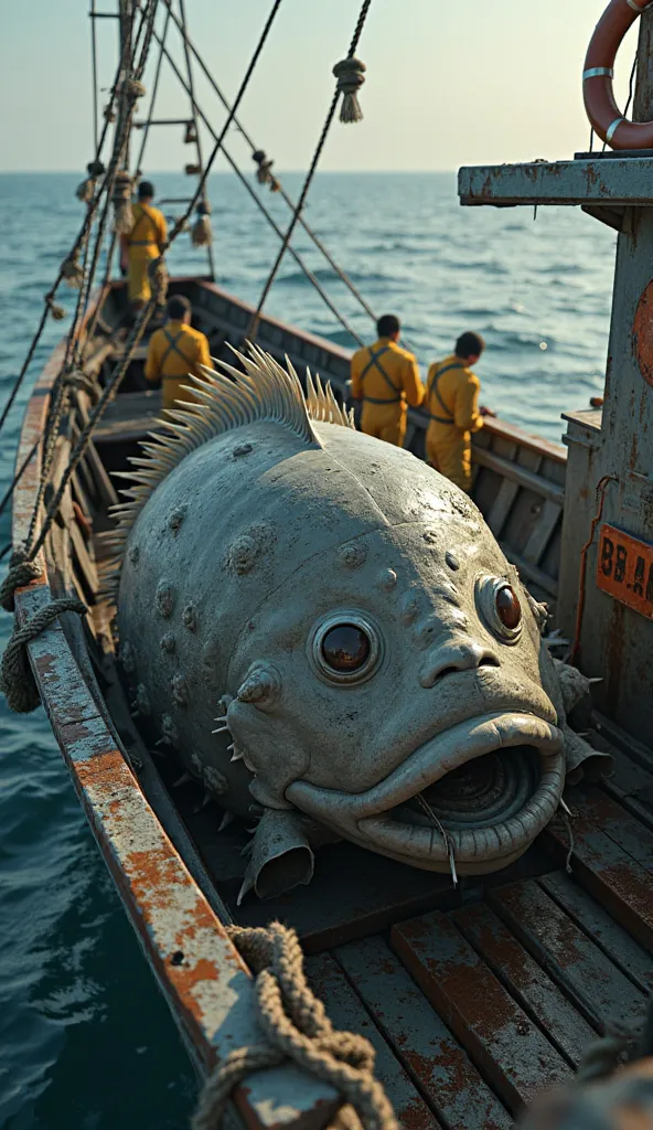   Create a hyperrealistic image of a Giant puffer fish inside a big one aging Chinese fishing boat with 4 crew members wearing yellow vests.   The puffer fish is in an inflated shape  ,   with large spines looking dirty  .   The puffer fish must have detai...