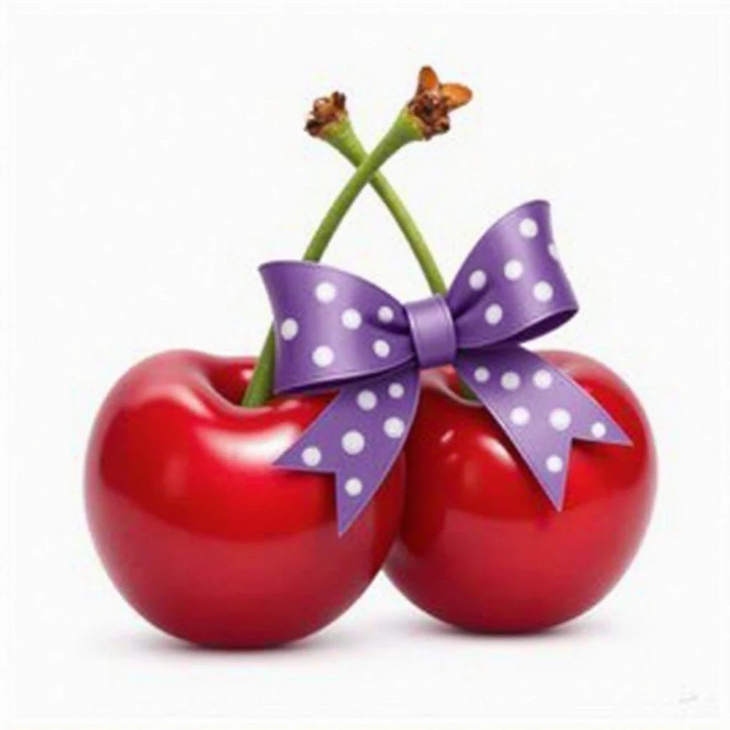 "A pair of glossy red cherries with green tied together at the top, adorned with a purple Polka dots bow. The cherries are vibrant, realistic, and have a slight shine reflecting light. The bow is neatly tied, with smooth curves and soft shading, giving it ...