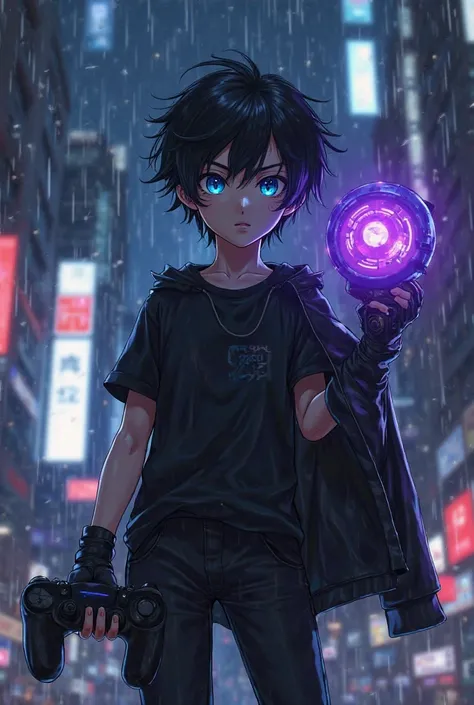 Boy with black hair and blue eyes with a focused face black t-shirt and pants with a black leather jacket in his hand a PS4 controller and a robot with a purple neon face on the side with a background of a futuristic city in the night with rain anime style