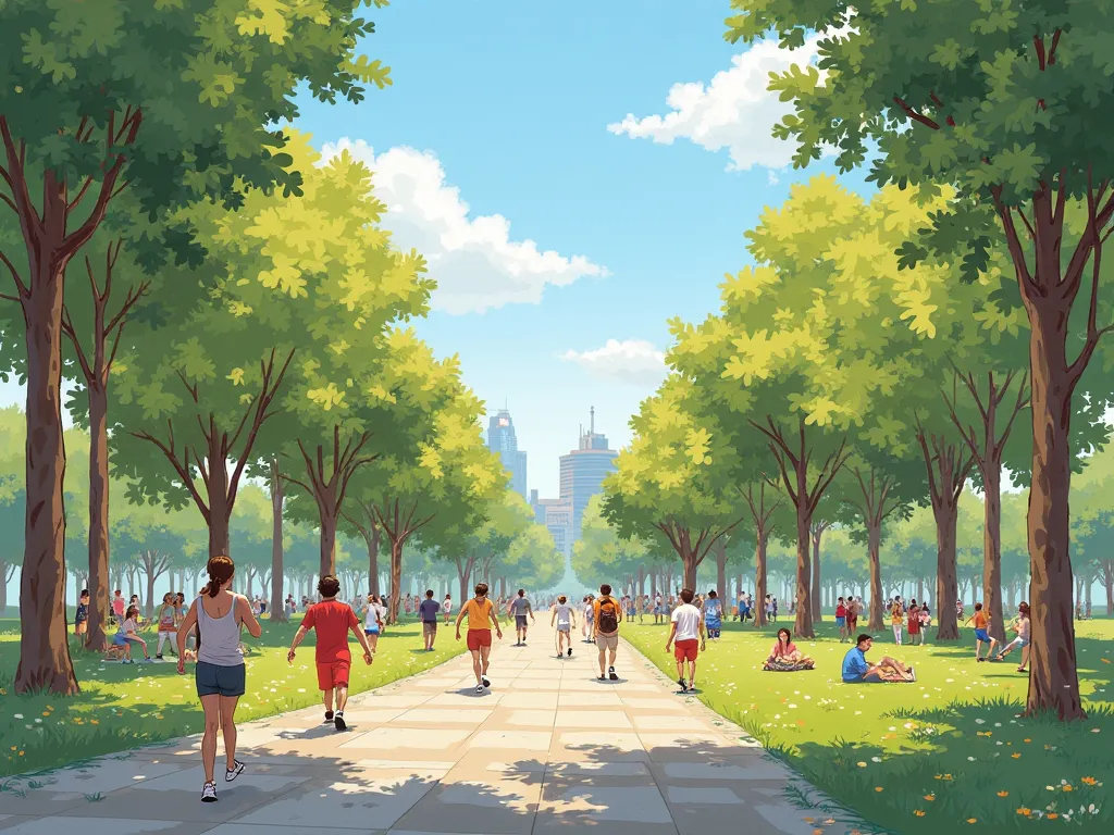 A panoramic view of a community park or outdoor space with people walking, exercising, or engaging in healthy activities, promoting physical well-being. The scene should feel natural and connected to the local environment, showing a sense of community and ...