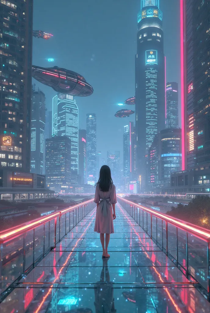 A age Korean girl on a transparent glass bridge that disappears at her feet with a view of a futuristic city that is nighttime and that the city has large, futuristic buildings, beautiful with cars flying trains on top of the buildings. 