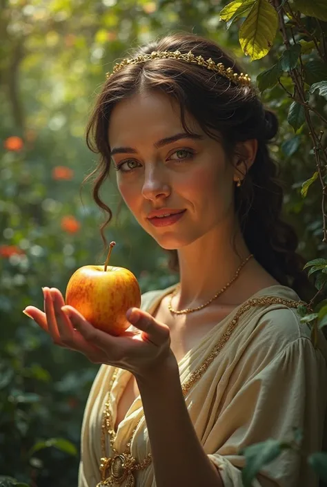 Eve gives a golden apple in front of the screen, in the photo realistic Garden of Eden, photo epic realism, detail face photo shoot 