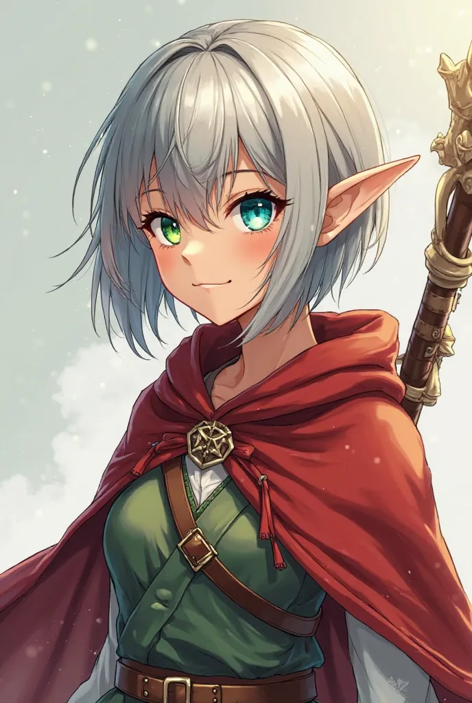 The image must be anime style.
An elf with heterochromatic eyes,   a green and a blue .
short silver hair, dressed in a traditional ranger outfit and a red cape. She has a staff on her back.
 Your skin is tanned.
A more delicate male face.