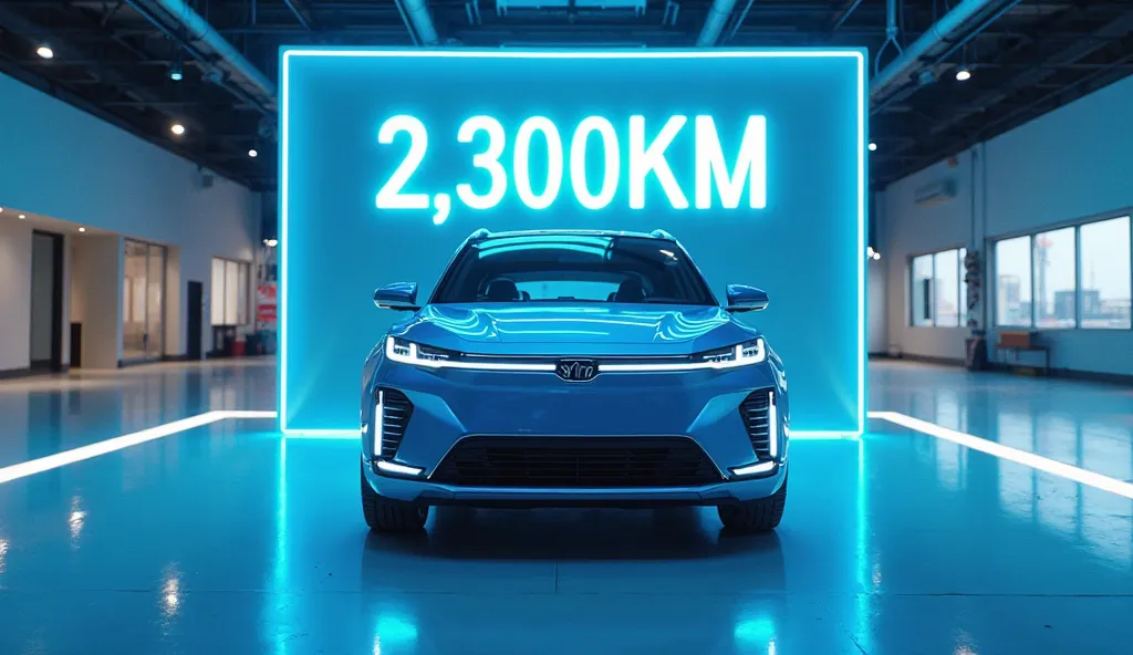 (Vehicle: BYD Seal DM-i | Color: Glacier Blue | Showroom/Highway Scenes | Far Distance)

Opening Scene: "Glacier Blue BYD Seal DM-i in a cyberpunk showroom, neon ‘2,300KM’ hologram overhead, LED floor lighting, car 30 feet from camera."