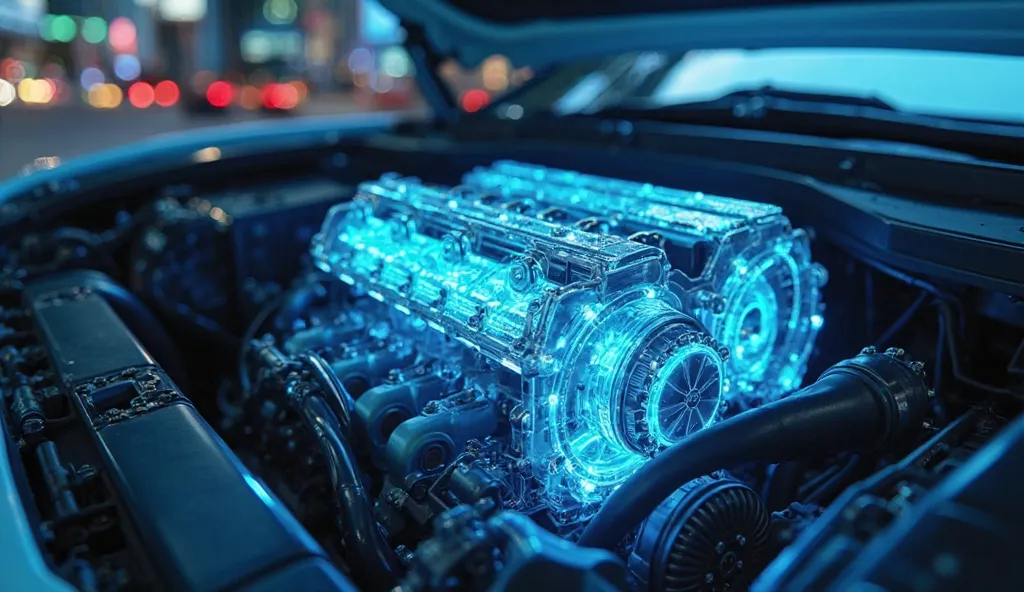 Engine Close-Up: "DM-i hybrid engine (Glacier Blue accents), glowing energy flow diagram, showroom tech screens in background, 8K detail." (Vehicle: BYD Seal DM-i | Color: Glacier Blue | Showroom/Highway Scenes | Far Distance)