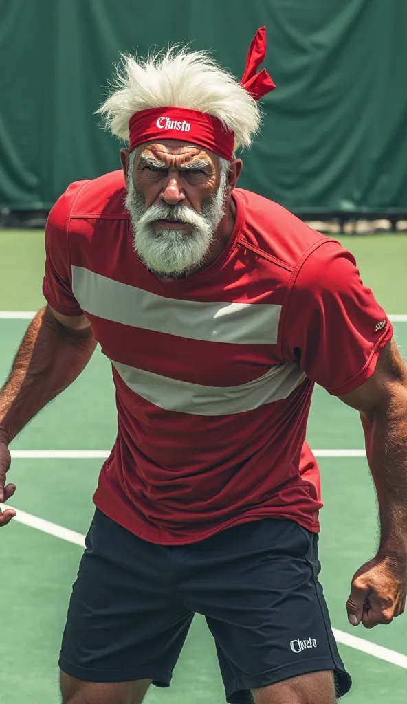 Fierce Male playing tennis, white hair/beard, red headband with Christo printed on the front, red/white t shirt, black shorts, tennis court background 