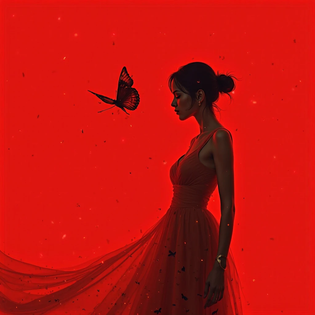 Create a cover background for a music album. Make it a modern red background. And that he has a butterfly flying next to a woman who is covered.