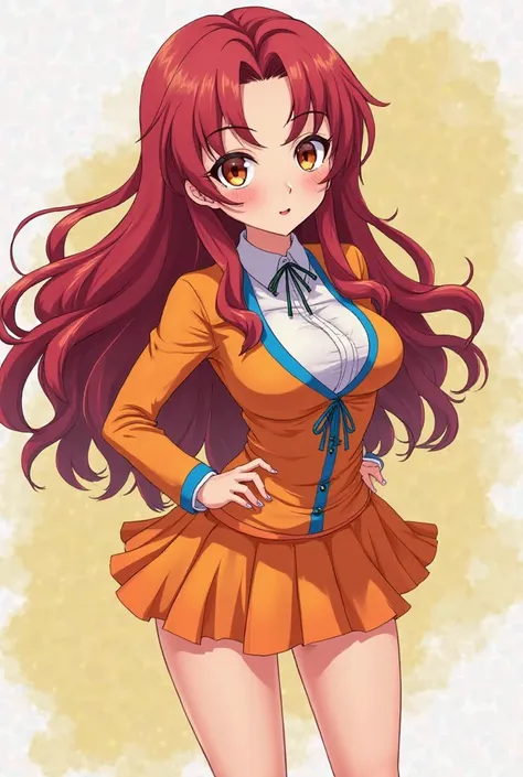 An ode of anime: a girl with long wavy red hair and yellow eyes with red, wide hips, big breasts, big thighs, big legs and an orange skirt by Holanes and a blouse tied to the chest in orange and blue on the sides and chest, the UA