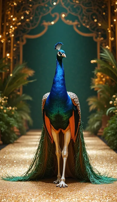 A majestic peacock struts confidently down a glittering runway, standing upright on its slender legs. It wears a custom-made, sequined gown that mirrors the iridescent colors of its feathers, blending nature and fashion seamlessly. The gown trails behind i...