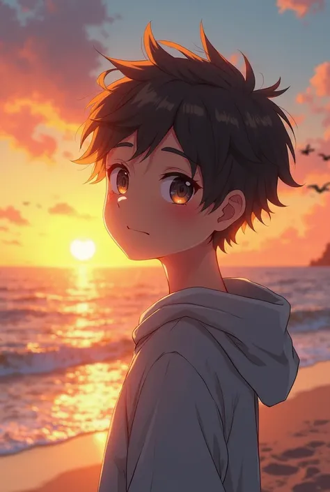 Here’s a detailed AI art prompt for your scene:  

**"An anime boy, around 13 to , stands on a quiet beach during sunset. His face is split between two emotions—his right side shows sadness, with a downcast eye and a faint frown, while his left side radiat...