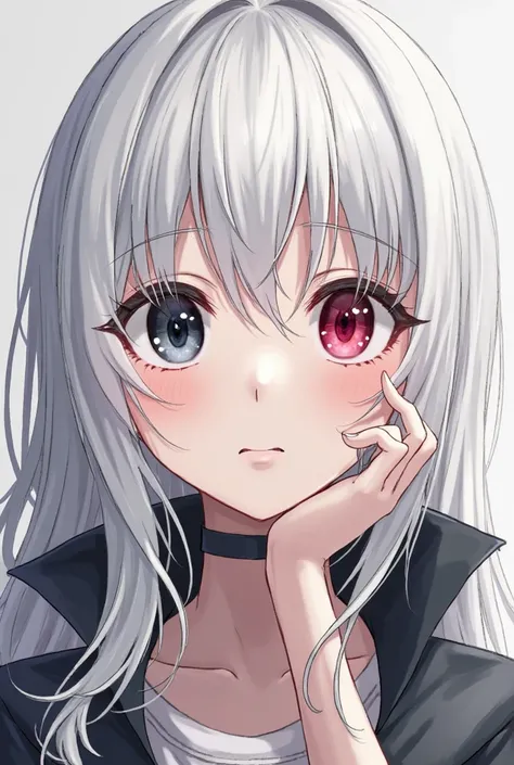 A girl with white hair, black tresses and different eyes. Her right eye is red and her left eye is black with white skin and her features are calm. The way she draws is similar to Tokyo Revengers anime 