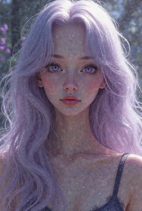 Girl with long hair light purple hair and purle eyes with a mixture of black and purple and wearing trousers