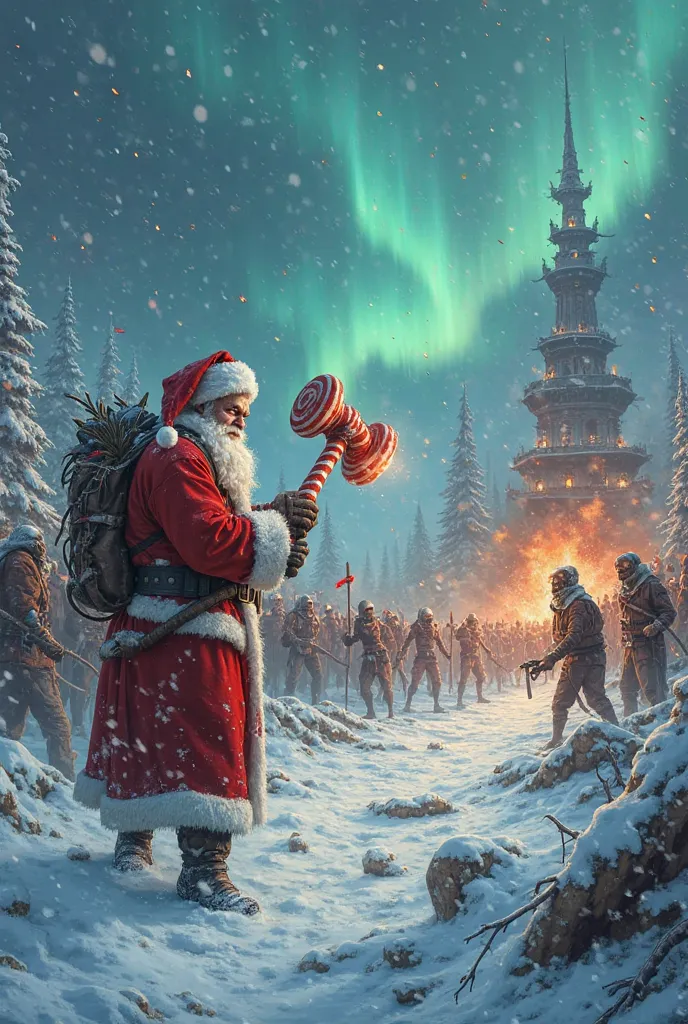 A snow-covered battlefield at the North Pole, with zombie elves and undead reindeer swarming towards Santa and his brother. Santa, in torn red-and-white robes, wields a massive candy cane war hammer, his face grim with determination. His brother, perhaps a...