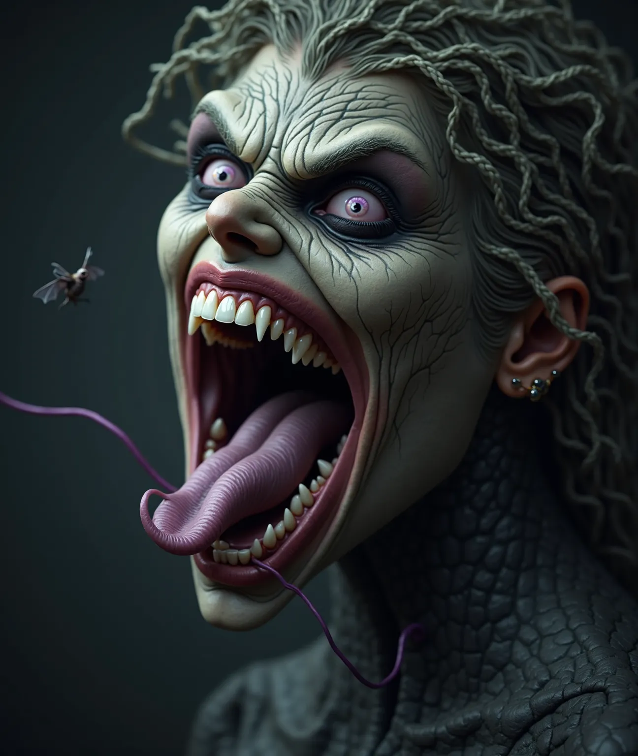 (extremely realistic))) (((  masterpiece, best quality ))), (((high resolution))) ( masterpiece), (((best quality) 32K,  crea una Banshee, Scary veined face, but also sexy (((highly detailed image of an exaggeratedly wide mouth))),  (((purple tongue is scr...