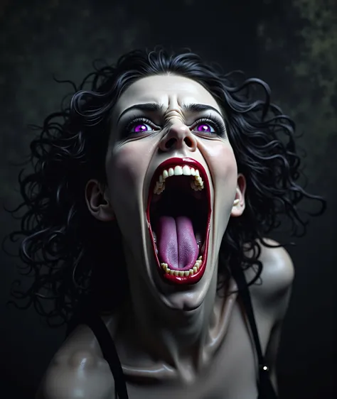 (extremely realistic))) (((  masterpiece, best quality ))), (((high resolution))) ( masterpiece), (((best quality) 32K,  crea una Banshee, Scary veined face, but also sexy (((highly detailed image of an exaggeratedly wide mouth))),  (((purple tongue is scr...