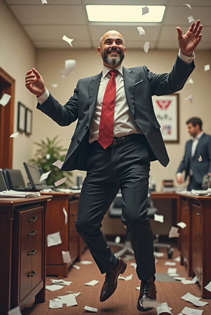 Edi Rama turns on Tallava in his office, grins, and starts dancing. He spins, claps, and shakes his shoulders wildly. Papers fly. A staff member walks in—he stops, fixes his tie, and sits casually.