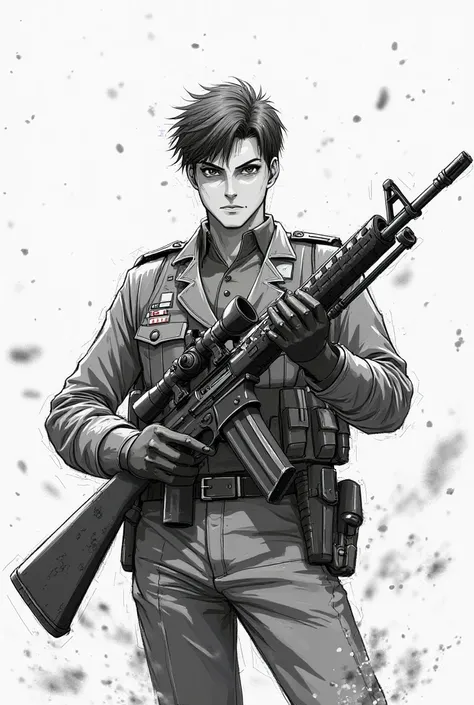 Anime soldier with rifle in a black and white sketch 