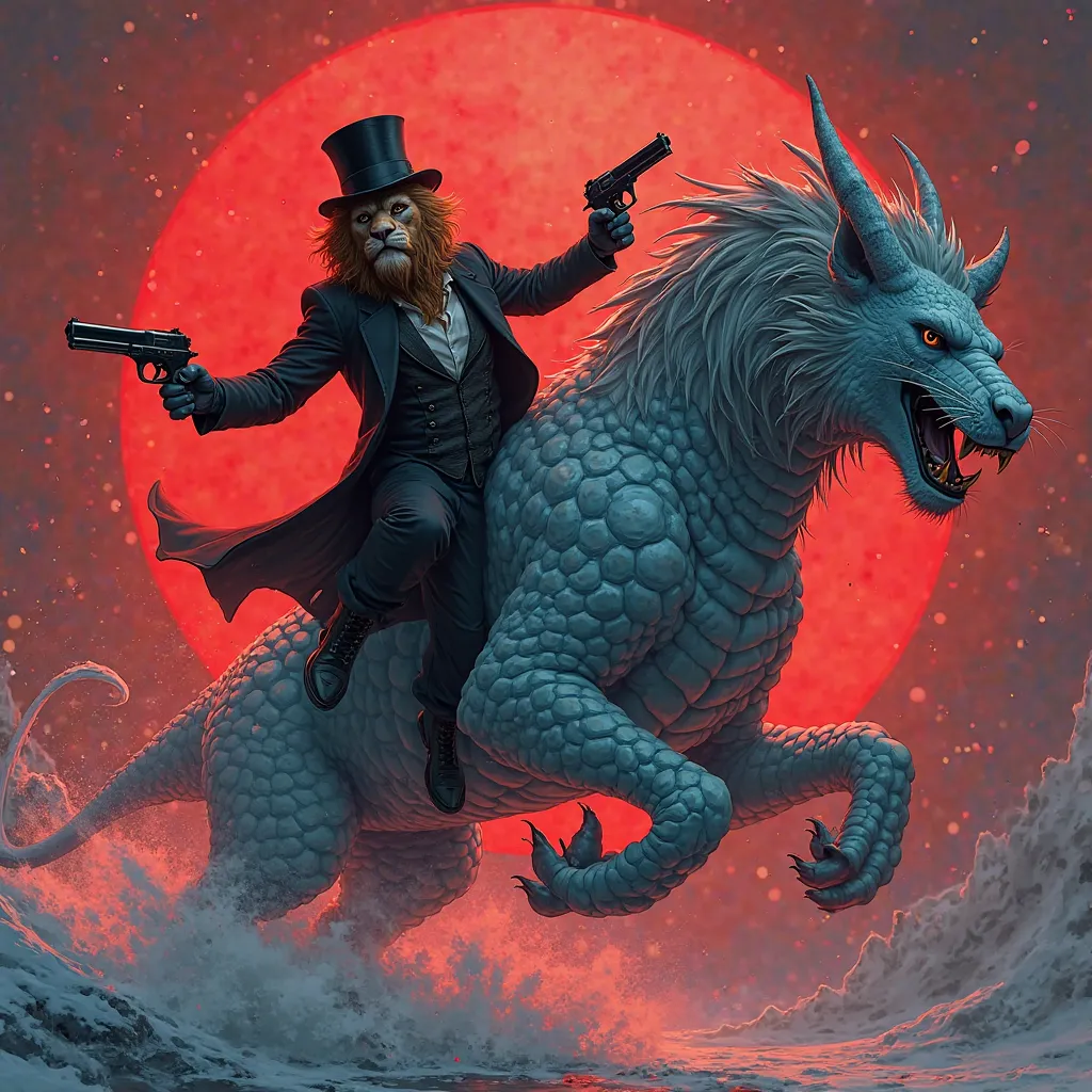 Make a page from a graphic novel, brutal, with an anthropomorphic lion dressed as an English killer wearing a top hat holding pistols flying on top of a gigantic ice dragon, showing tense dueling atmosphere with red light, dark fantasy, graphic novel, Cor,...