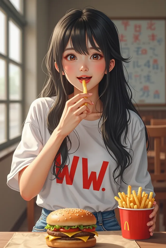 long black haired Chinese girl，Realism，24 years old，happy，Eating McDonald's fries，white clothes，WW is written on the clothes，blue jeans，A McDonald's hamburger was placed on the table