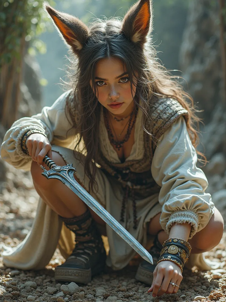 action photorealistic a pretty female fiction character, fluffy animal ears, crouching little bit followed her hand in poses holding twin bladed shining daggers, sharply eyes piercing looking to camera, elaborate utopian warrior clothes, intricate details,...