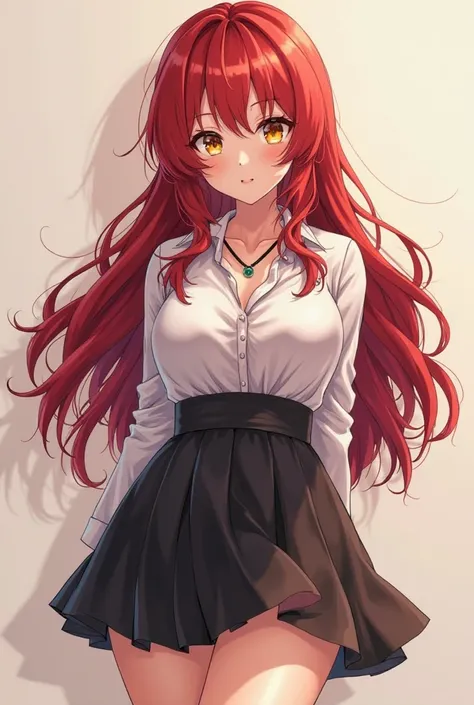 An ode of anime a girl with long wavy red hair and yellow eyes with red with wide hips big breasts big thighs big legs and a black skirt and a blouse tied to her chest cuts a necklace attached to her neck 