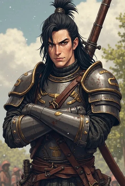 musket wearer,black hair,hair like Naruto's kabuto,stylish armor ,reinforced armor with good materials,anime character,front position with arms crossed showing strength ,physically well-conditioned character,thick eyebrows,well-worked face,good-looking cha...