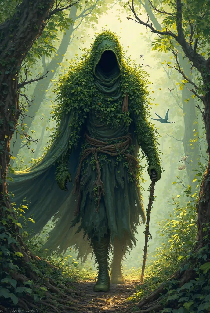 A 35-year-old forest druid, covered with moss and plants, walks with a staff, face and body are not visible due to the cloak and vegetation 