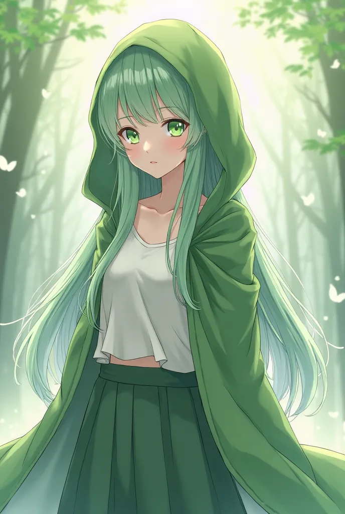 (maximum quality, best quality,  official art , full body shirt, beautiful and aesthetic:1.2) adult, Alone, traje de full body shirt, An Elf girl from anime, anime style,  white skin, pointy ears,  long green hair , light green eyes, green hooded cape , wh...