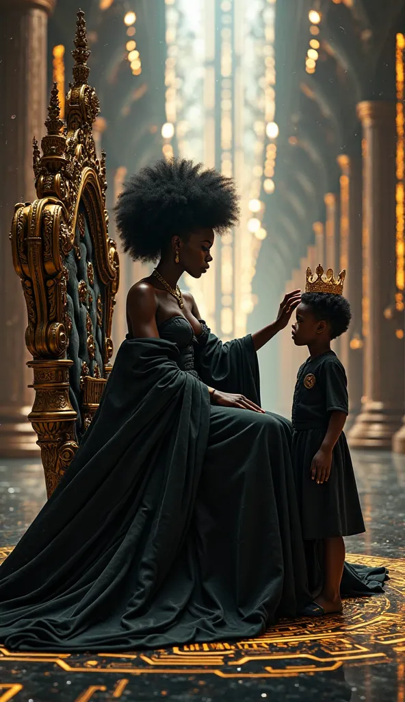 "A powerful Afrofuturistic queen, draped in a flowing black gown, sits on an ornate high-tech throne made of polished obsidian and glowing gold accents. Her presence is regal, her posture poised, and her voluminous afro crowns her like a celestial halo. Sh...