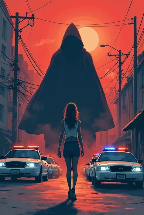 The shadow of a hooded man behind a woman and several police cars in a quiet and simple city. The style is in colorful design and  