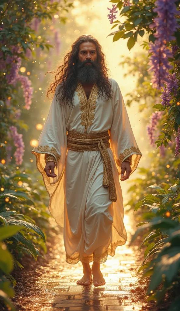 This image portrays a majestic man with long, flowing dark hair and a beard, dressed in a glowing white robe with intricate golden embroidery. He walks barefoot along a shimmering path surrounded by lush, vibrant foliage in shades of green, purple, and gol...