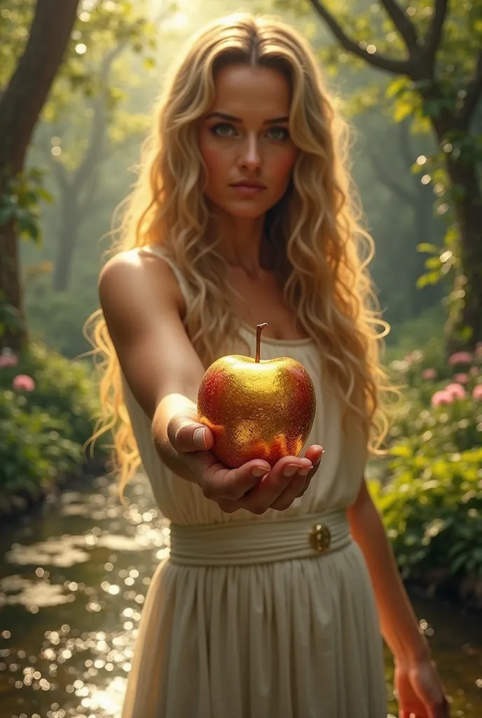 Eve blonde gives a golden apple in front of the screen camera, in the photo realistic Garden of Eden, photo epic realism, detail face photo shoot 